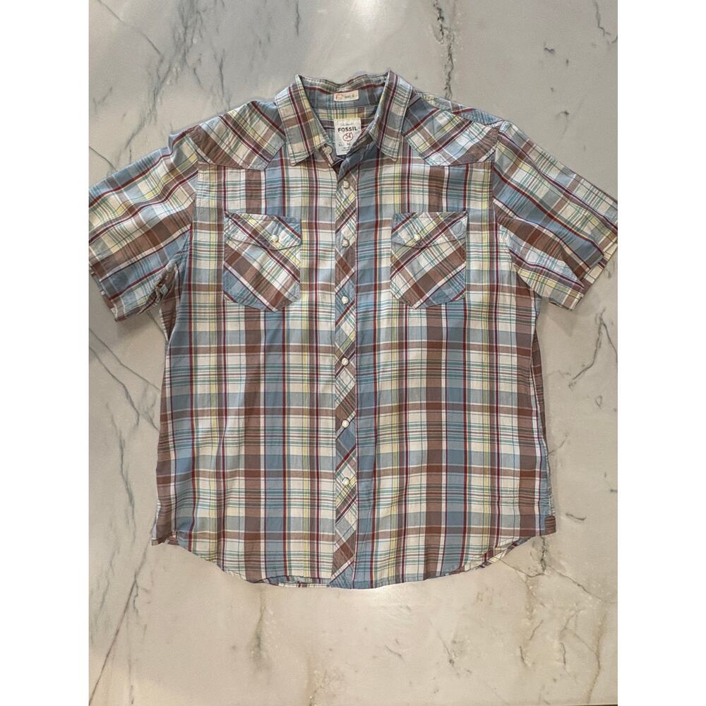 Men's Fossil Short Sleeve blue, brown Plaid Shirt with Pearl Snaps Size XL
